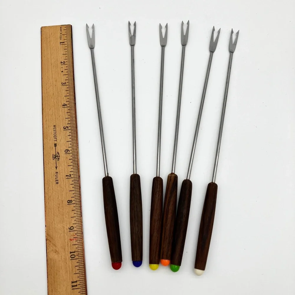 Vintage Teak Fondue Fork Set No. 23247 6pc Set MCM Japan with Stand
